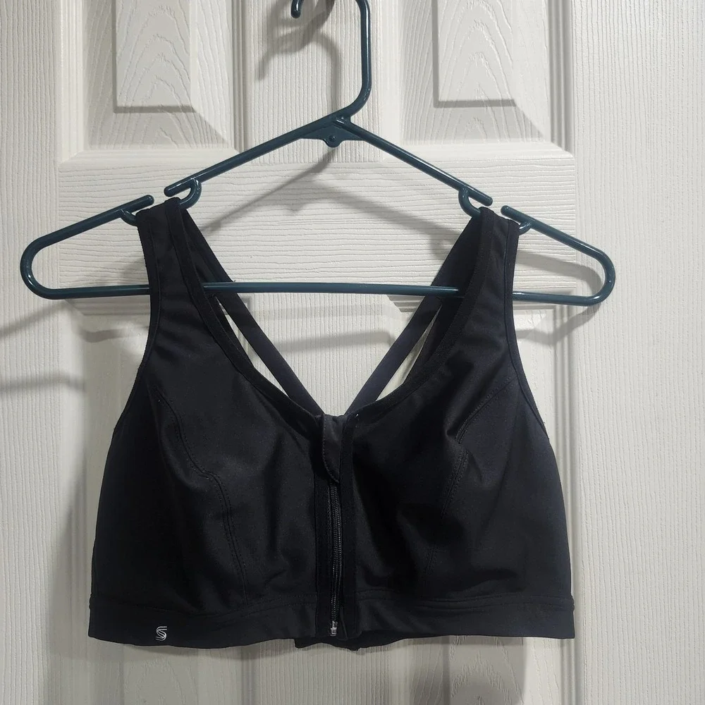 Glamorise Sport Bra 36D Black Front Zip‎ High Support Crisscross Back Activewear